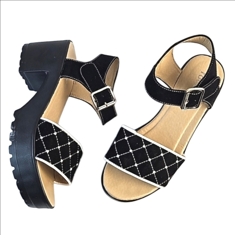 Koi Footwear Give It A Pearl Faux Suede Quilted Beaded Chunky Platform Sandal